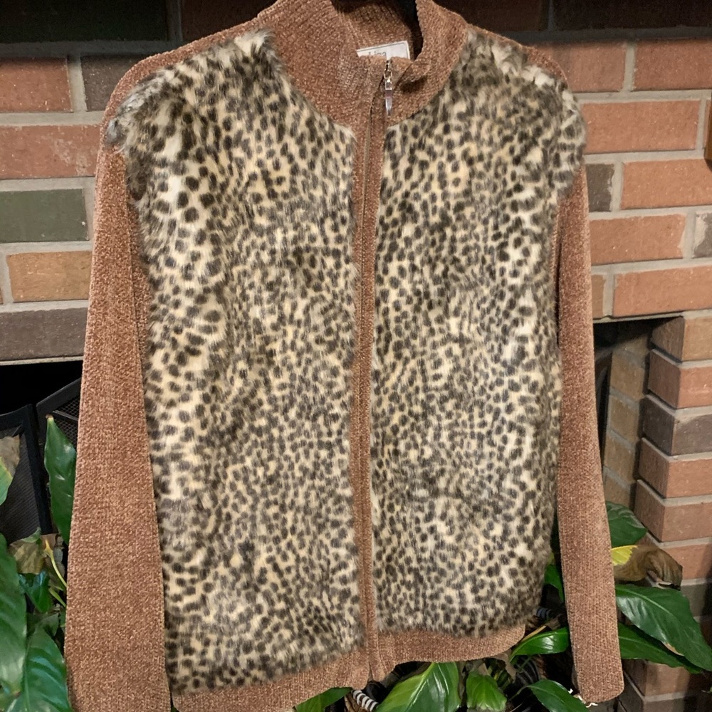 Vtg L Chenille Animal Print Faux Fur Sweater Jacket